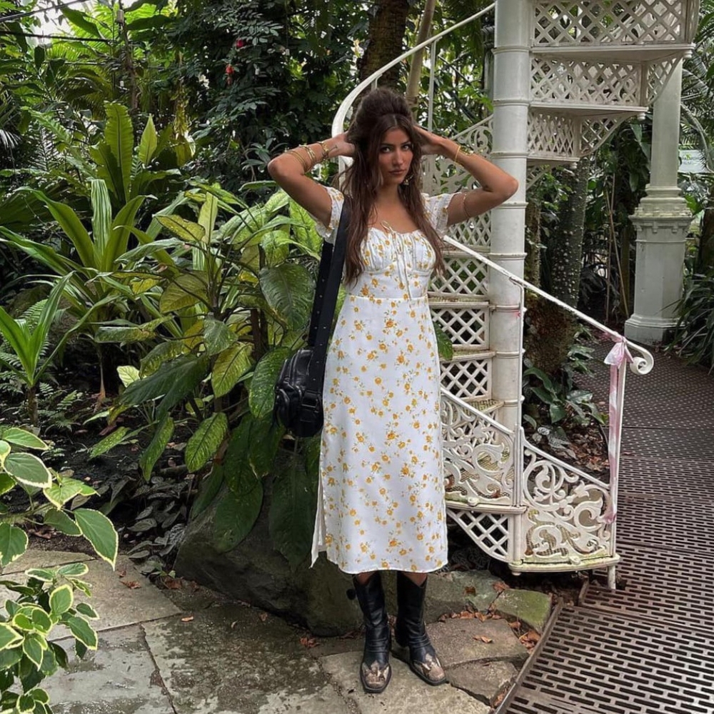 Sundae Muse White & Yellow Floral Puff Sleeve Milkmaid Tie Front Midi Dress - Picture 2 of 11